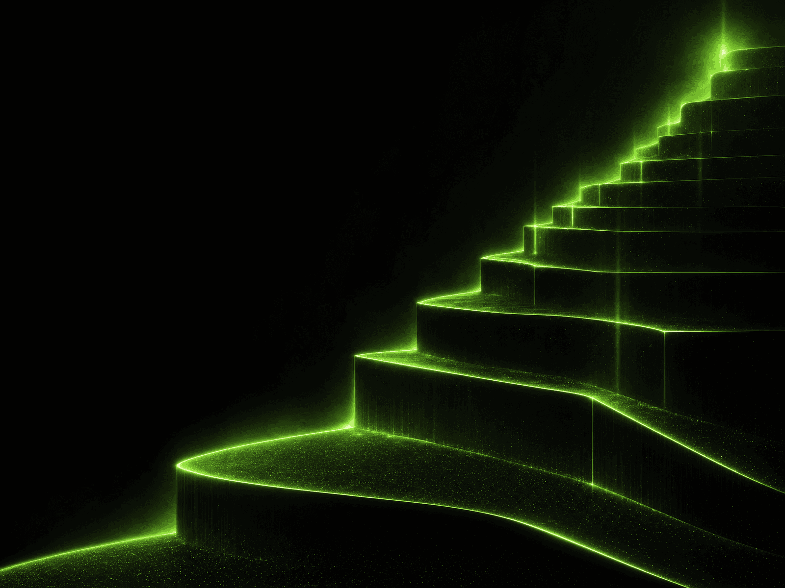 Ascending, green-lit steps rising toward a bright light — the compounding path of partner earnings.